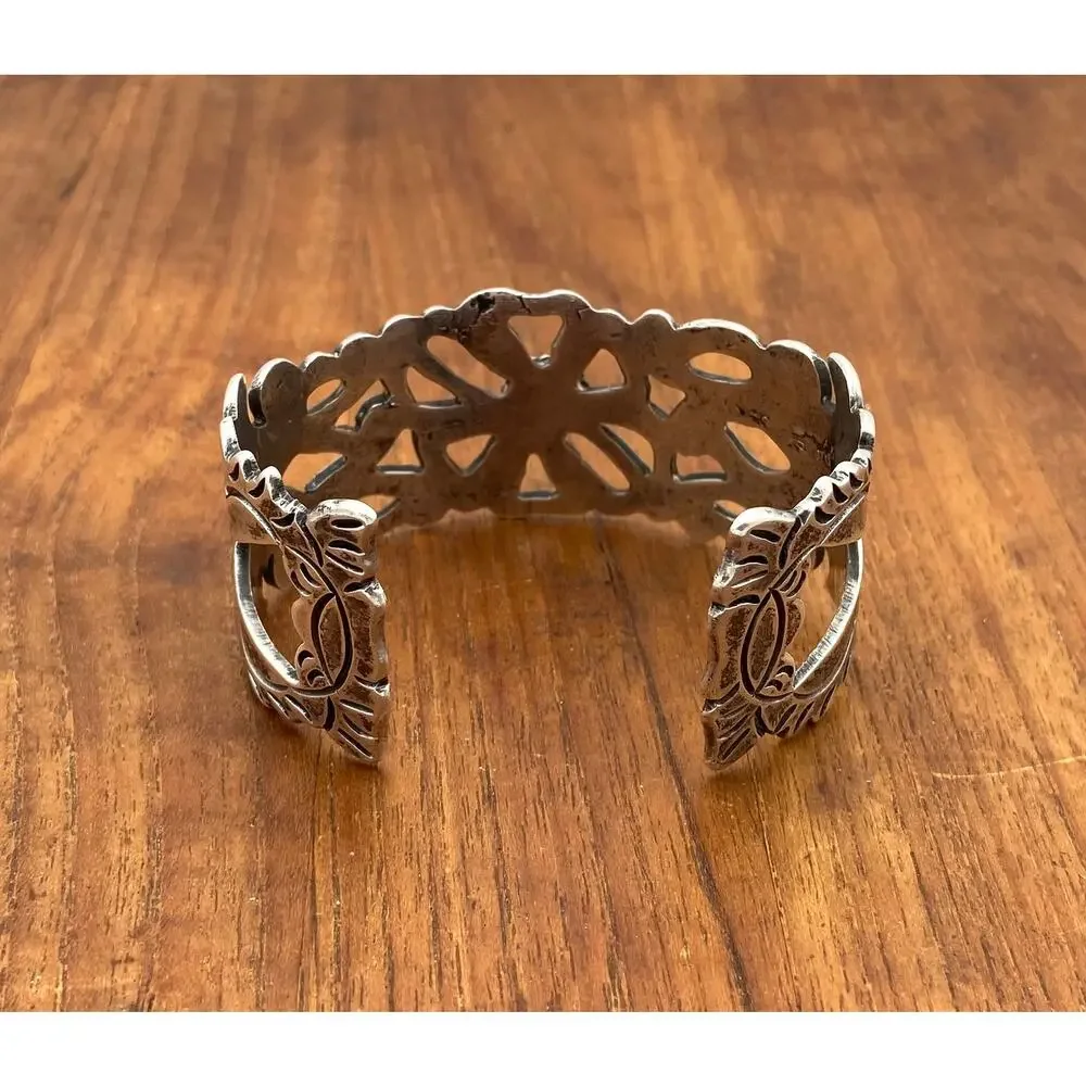 Vintage Mexico Silver Cuff Bracelet Wide Flower Cutout 50.91g Tested Silver 6.5